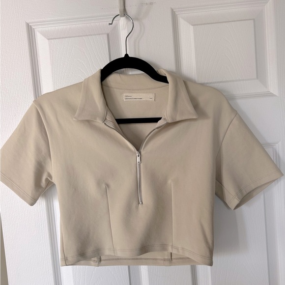 Oak and Fort Cropped zip cream beige natural polo size M STONE  Crop top - Picture 5 of 8